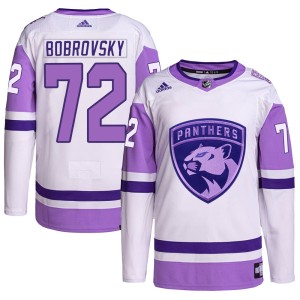 Sergei Bobrovsky Men's Adidas Florida Panthers Authentic White/Purple Hockey Fights Cancer Primegreen Jersey