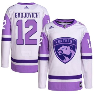 Jonah Gadjovich Men's Adidas Florida Panthers Authentic White/Purple Hockey Fights Cancer Primegreen Jersey
