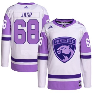 Jaromir Jagr Men's Adidas Florida Panthers Authentic White/Purple Hockey Fights Cancer Primegreen Jersey