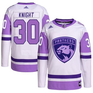 Spencer Knight Men's Adidas Florida Panthers Authentic White/Purple Hockey Fights Cancer Primegreen Jersey