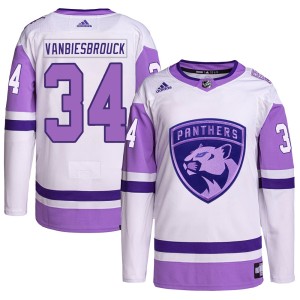 John Vanbiesbrouck Men's Adidas Florida Panthers Authentic White/Purple Hockey Fights Cancer Primegreen Jersey