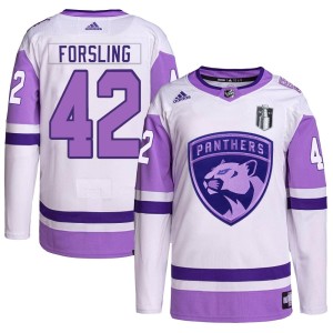 Gustav Forsling Youth Adidas Florida Panthers Authentic White/Purple Hockey Fights Cancer Primegreen 2023 Stanley Cup Final Jers