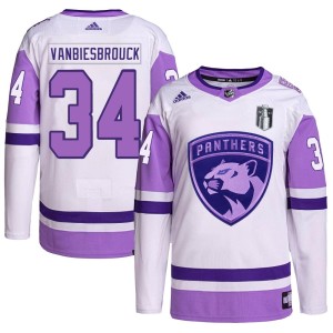 John Vanbiesbrouck Youth Adidas Florida Panthers Authentic White/Purple Hockey Fights Cancer Primegreen 2023 Stanley Cup Final J