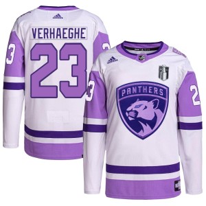 Carter Verhaeghe Youth Adidas Florida Panthers Authentic White/Purple Hockey Fights Cancer Primegreen 2023 Stanley Cup Final Jer