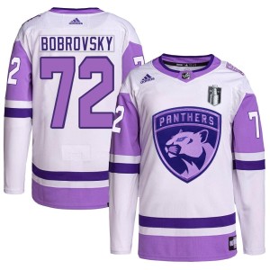 Sergei Bobrovsky Men's Adidas Florida Panthers Authentic White/Purple Hockey Fights Cancer Primegreen 2023 Stanley Cup Final Jer