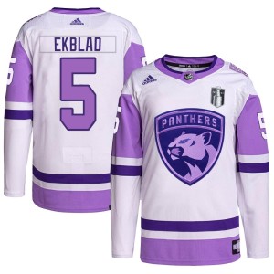 Aaron Ekblad Men's Adidas Florida Panthers Authentic White/Purple Hockey Fights Cancer Primegreen 2023 Stanley Cup Final Jersey