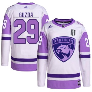 Mack Guzda Men's Adidas Florida Panthers Authentic White/Purple Hockey Fights Cancer Primegreen 2023 Stanley Cup Final Jersey