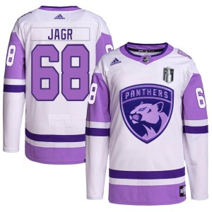 Jaromir Jagr Men's Adidas Florida Panthers Authentic White/Purple Hockey Fights Cancer Primegreen 2023 Stanley Cup Final Jersey