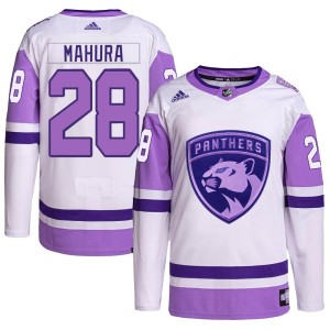 Josh Mahura Men's Adidas Florida Panthers Authentic White/Purple Hockey Fights Cancer Primegreen Jersey