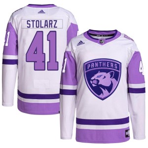 Anthony Stolarz Men's Adidas Florida Panthers Authentic White/Purple Hockey Fights Cancer Primegreen Jersey