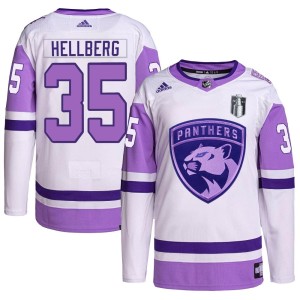 Magnus Hellberg Youth Adidas Florida Panthers Authentic White/Purple Hockey Fights Cancer Primegreen 2023 Stanley Cup Final Jers