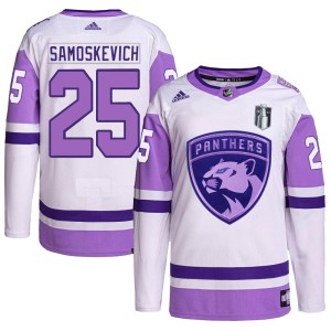 Mackie Samoskevich Youth Adidas Florida Panthers Authentic White/Purple Hockey Fights Cancer Primegreen 2023 Stanley Cup Final J