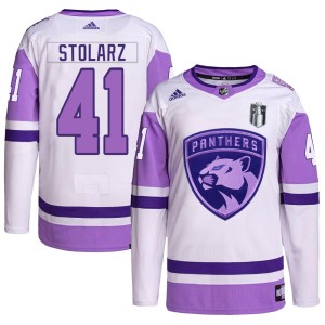 Anthony Stolarz Youth Adidas Florida Panthers Authentic White/Purple Hockey Fights Cancer Primegreen 2023 Stanley Cup Final Jers