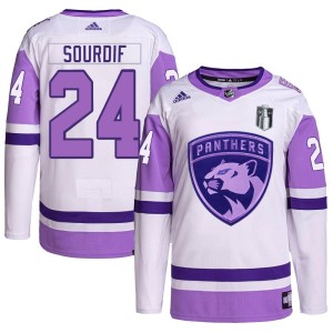 Justin Sourdif Men's Adidas Florida Panthers Authentic White/Purple Hockey Fights Cancer Primegreen 2023 Stanley Cup Final Jerse