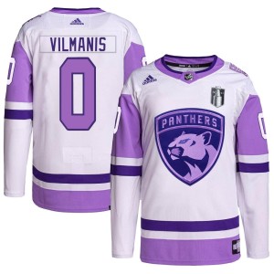 Sandis Vilmanis Men's Adidas Florida Panthers Authentic White/Purple Hockey Fights Cancer Primegreen 2023 Stanley Cup Final Jers
